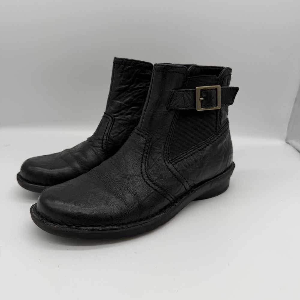 Clarks Womens Black Leather Ankle Boots Side Zip Buckle Low Wedge 5.5M 39300
